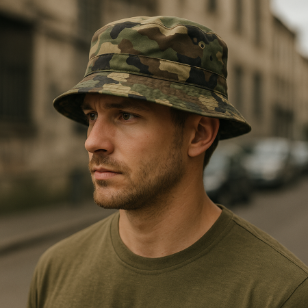 Le bob camouflage : entre style urbain et héritage militaire 1 Jeune homme portant un bob camouflage dans une rue urbaine, regard sérieux, vêtu d’un t-shirt vert olive militaire, avec un arrière-plan flou de bâtiments et de voitures.